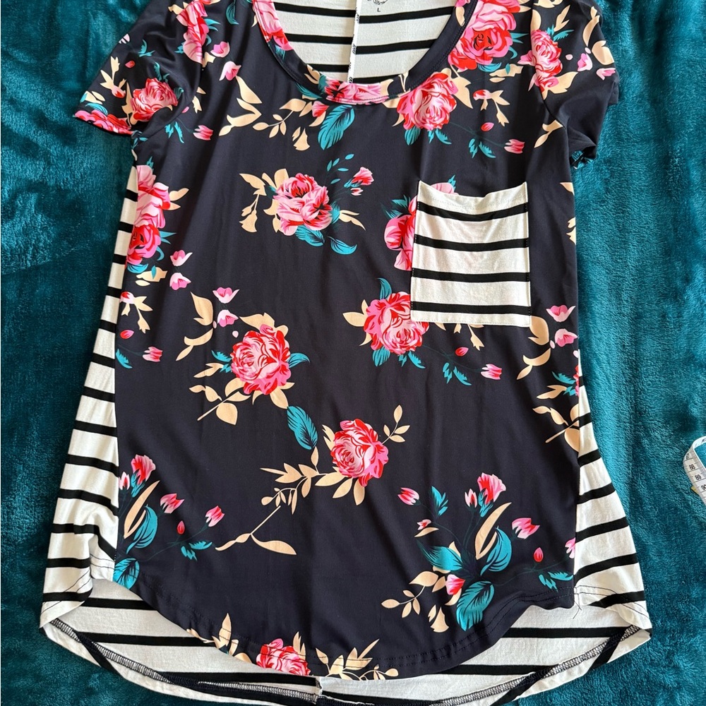 Tickled Teal Black Floral and Striped Short Sleeve Top